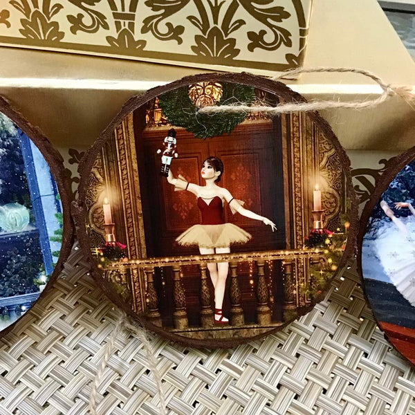 Set of 4 Nutcracker Ballerinas Handmade Wooden Rounds Ornaments 4"- by Artist Donna Lisa
