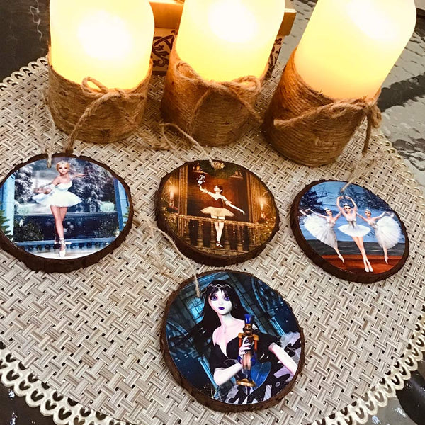 Set of 4 Nutcracker Ballerinas Handmade Wooden Rounds Ornaments 4"- by Artist Donna Lisa