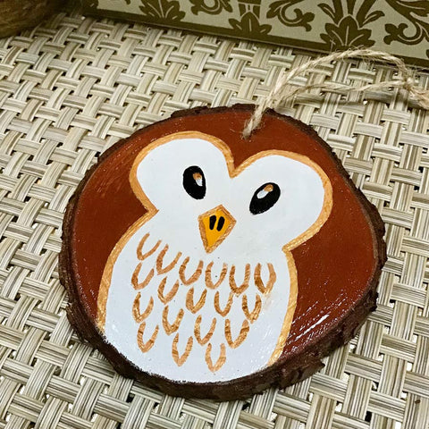 Cute Owl - Hand Painted Wooden Round Ornament by Artist Donna Lisa