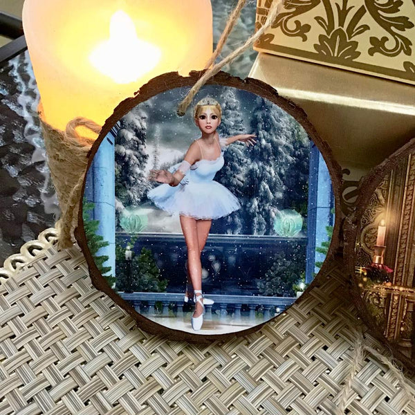 Snow Princess Ballerina - Nutcracker Ornament - Natural Wooden Rounds 3-4" - by Artist Donna Lisa