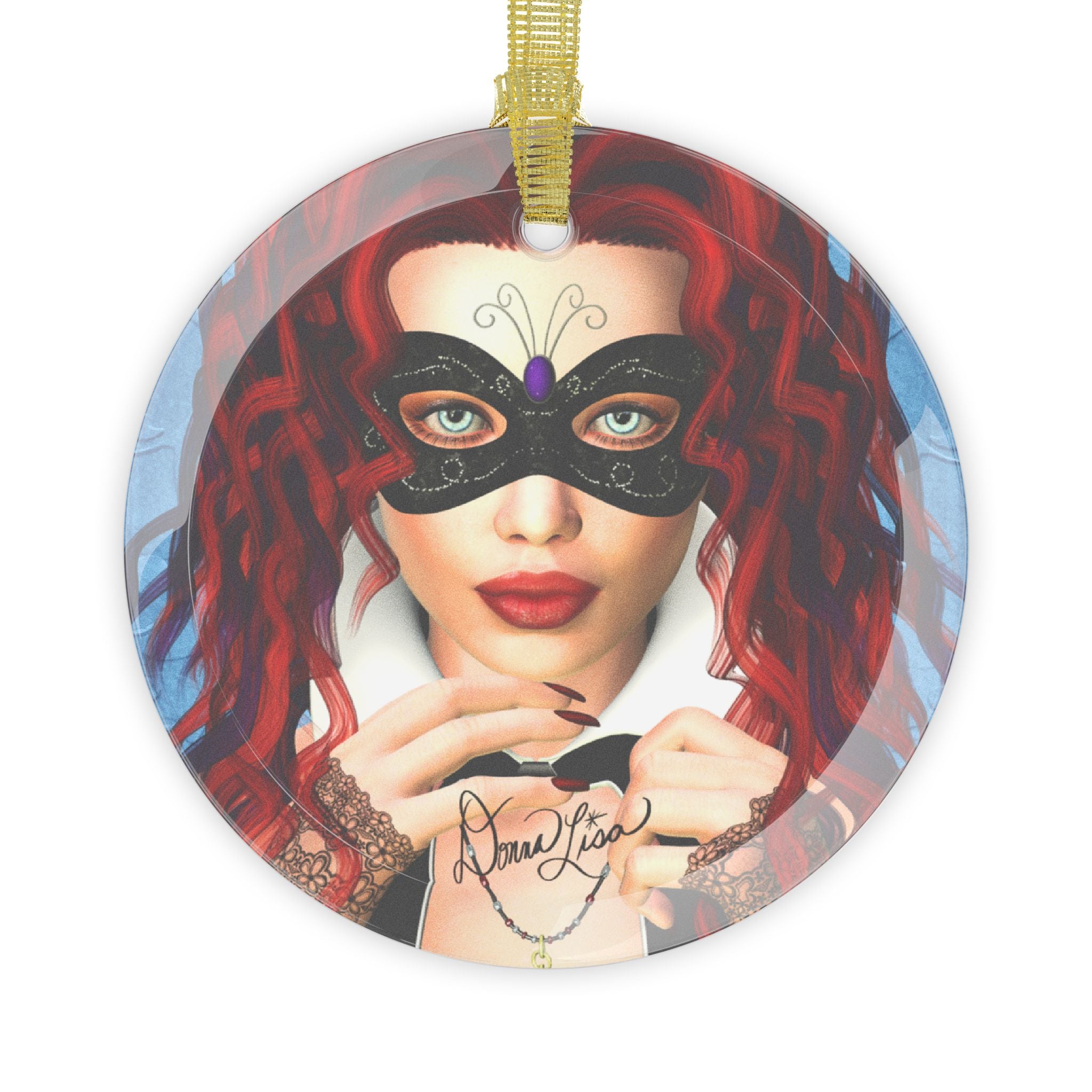 Masquerade Portrait Art Glass Ornament by Artist Donna Lisa