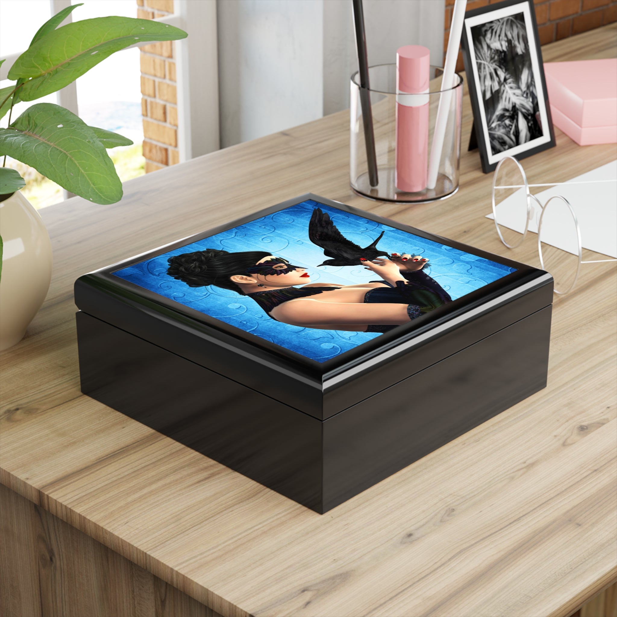 Dance of the Raven Tile Art Wooden Keepsake Jewelry Box by Artist