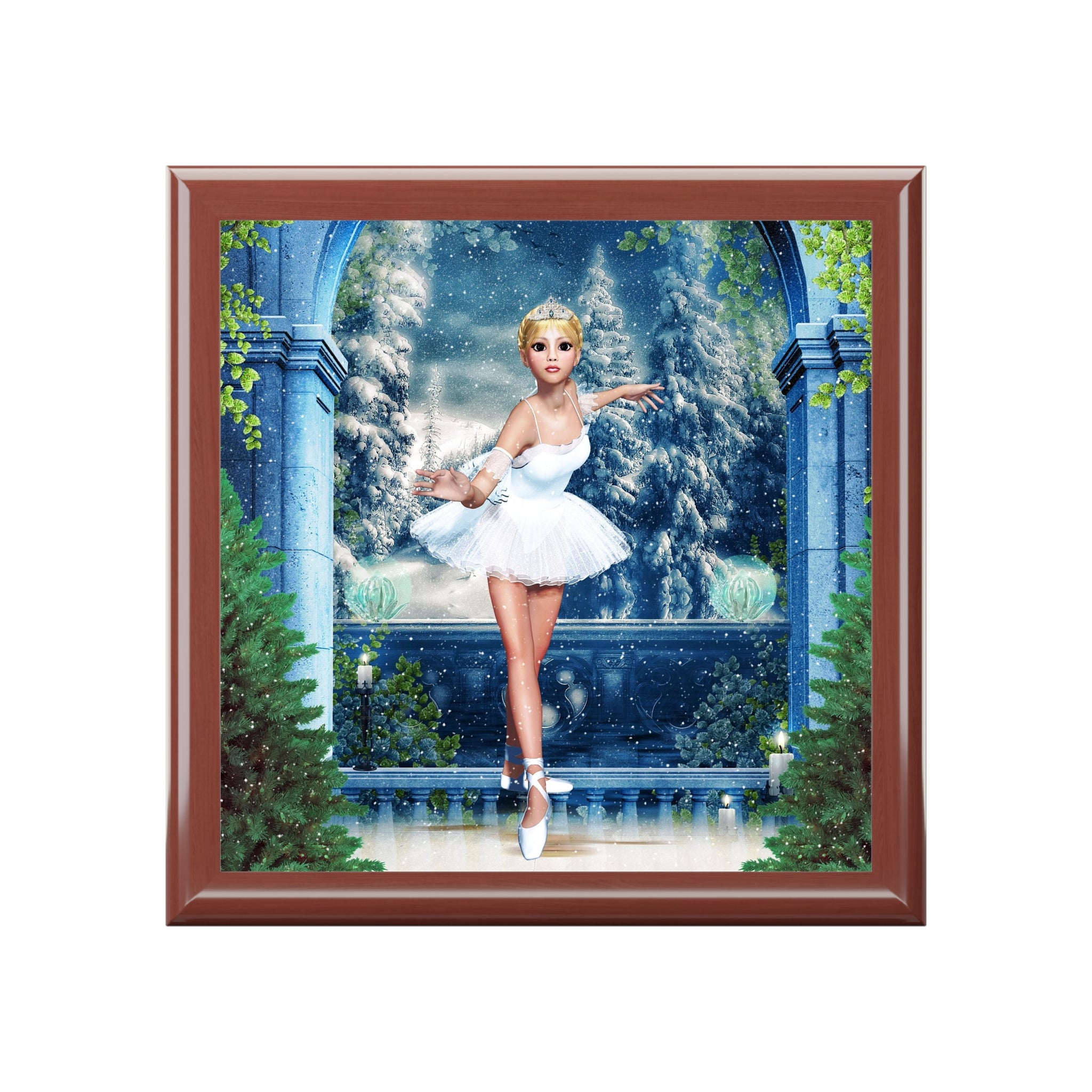 Snow Princess Ballerina Wooden Tile Art Keepsake Jewelry Box
