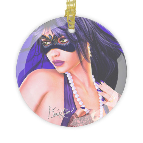 Purple Tears Masquerade Lady Portrait Art Glass Ornament by Artist Donna Lisa