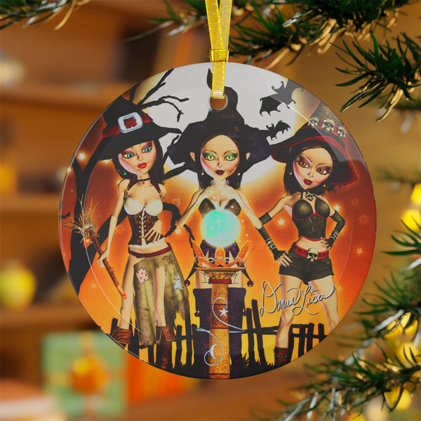 Sisters Three Cute Witch Art Glass Ornament by Artist Donna Lisa