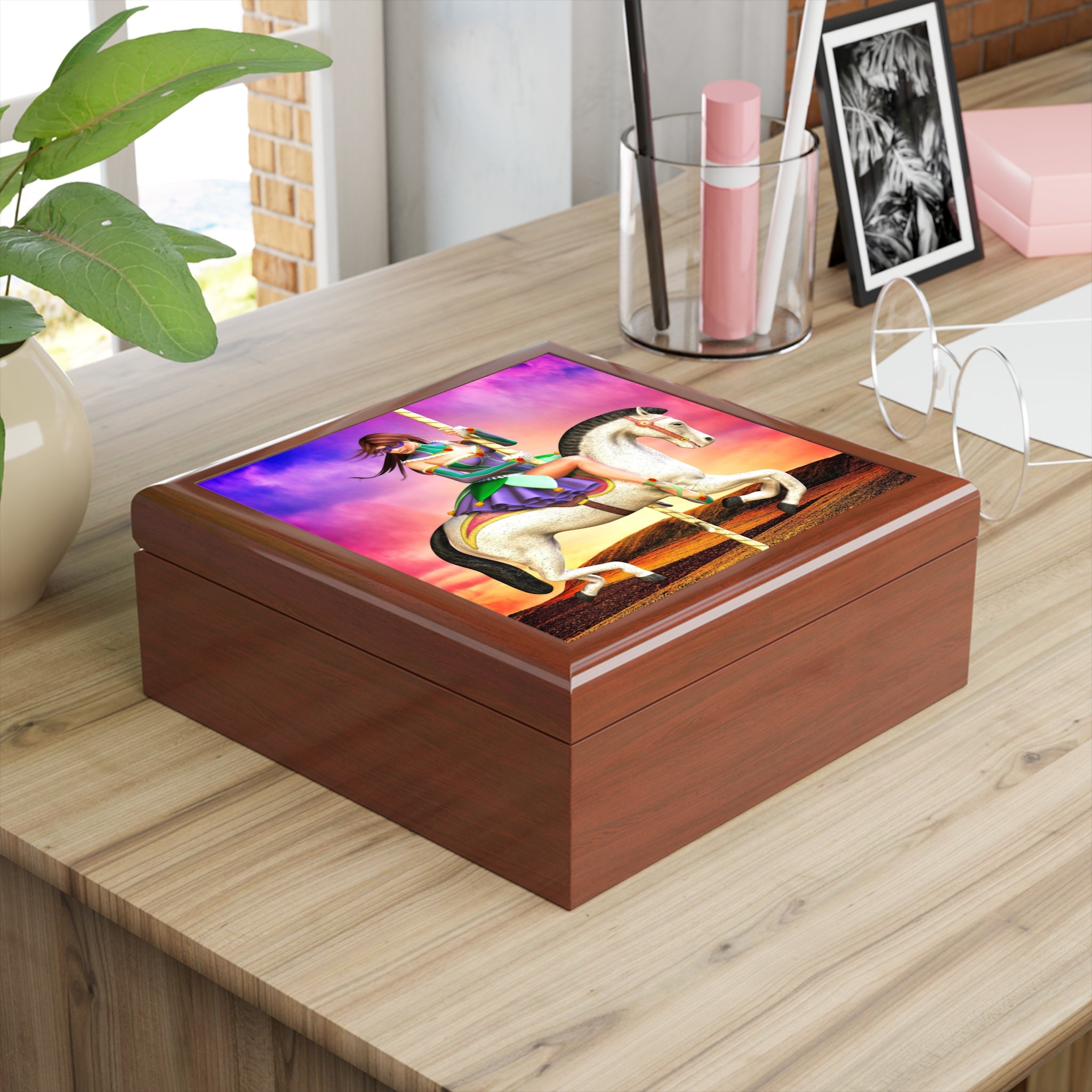 Carousel Dreams Tile Art Wooden Keepsake Jewelry Box by Artist