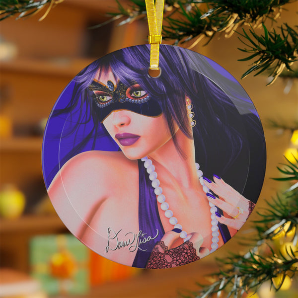 Purple Tears Masquerade Lady Portrait Art Glass Ornament by Artist Donna Lisa