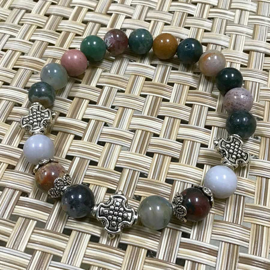 Silver Tibetan Crosses, Indian Agate Protection and Healing Artisan Stretch Bracelet - Size 7.5"