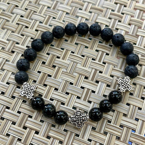 Artisan Silver Tibetan Cross, Black Obsidian, Lava Beads Bracelet  (Sizes 7.5")