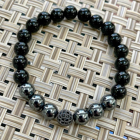 Artisan Protection Flex Bracelet - Hematite and Onyx Gemstone Beads (Size 7")