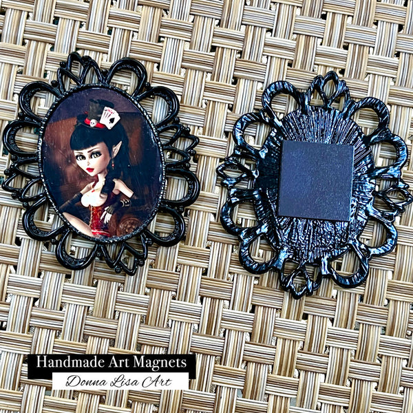 "Darling Hatter" - Handmade Antique Style Black Magnet - by Artist Donna Lisa