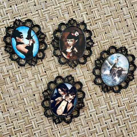 Set of 4 Handmade Mini Artworks Antique Style Black Magnets Collection - by Artist Donna Lisa