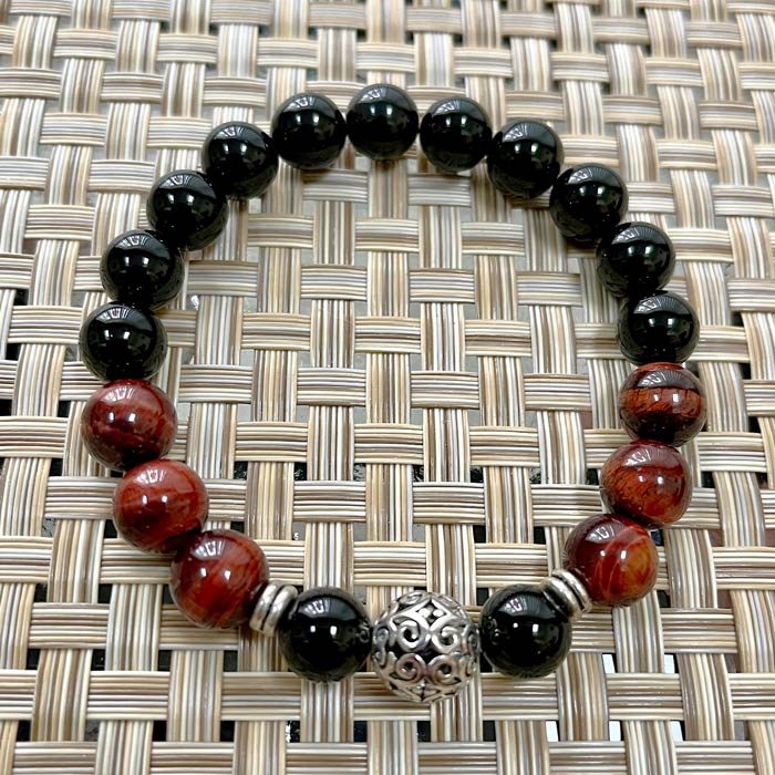 Silver Filigree Ball - Red Tiger's Eye, Onyx, Flex Protection Bracelet - Size 8"