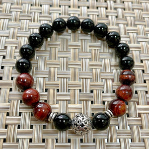 Silver Filigree Ball - Red Tiger's Eye, Onyx, Flex Protection Bracelet - Size 8"