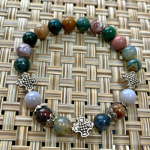 Silver Tibetan Crosses, Indian Agate Artisan Stretch Bracelet - Size 7"