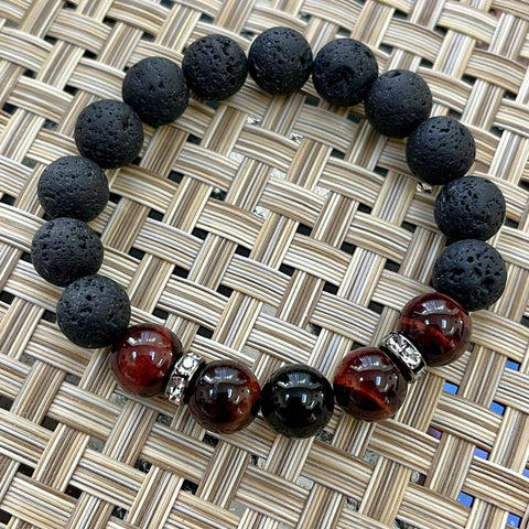 Artisan Red Tiger's Eye, Onyx and Lava Beads - Sparkling Protection Stretch Bracelet - Size 7"