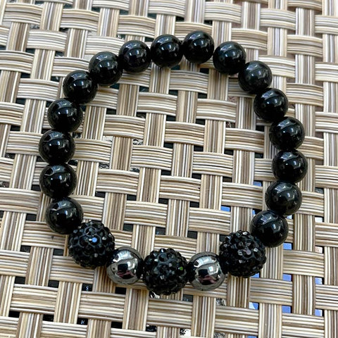 Black Sparkle Protection Artisan Bracelet - Black Obsidian, Hematite - Size 7"