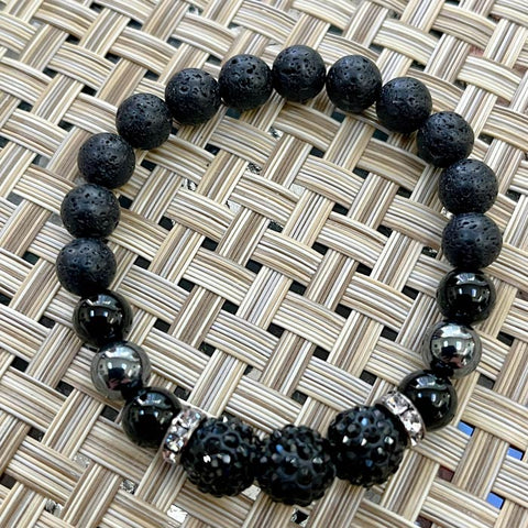 Artisan Black Sparkle Protection Bracelet - Black Obsidian, Hematite, Lave Beads - Size 7"