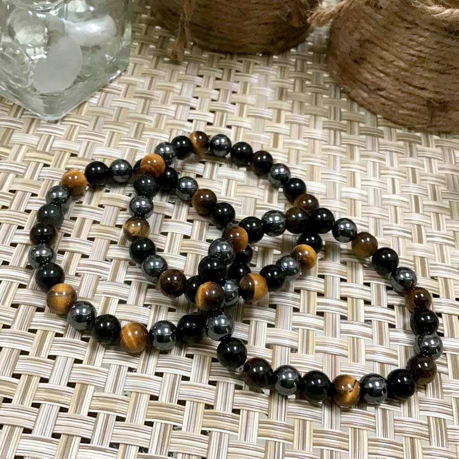 Triple Protection Bracelet Tiger's Eye, Black Obsidian, and