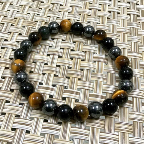 Triple Protection Bracelet - Tiger's Eye, Black Obsidian, and Hematite Stones - (Size 7.5")