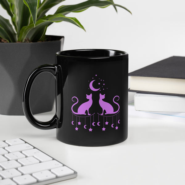 Magical Cat's Silhouettes Moon and Stars Black Glossy Ceramic Mug - Purple