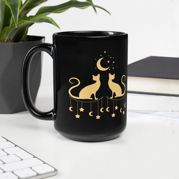 Magical Cats Silhouette Moon and Stars Black Ceramic Glossy Mug - Golden Yellow
