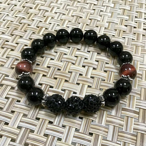 Black Sparkle Pave Beads Artisan Protection Bracelet - Red Tiger's Eye, Onyx - Size 7.5"