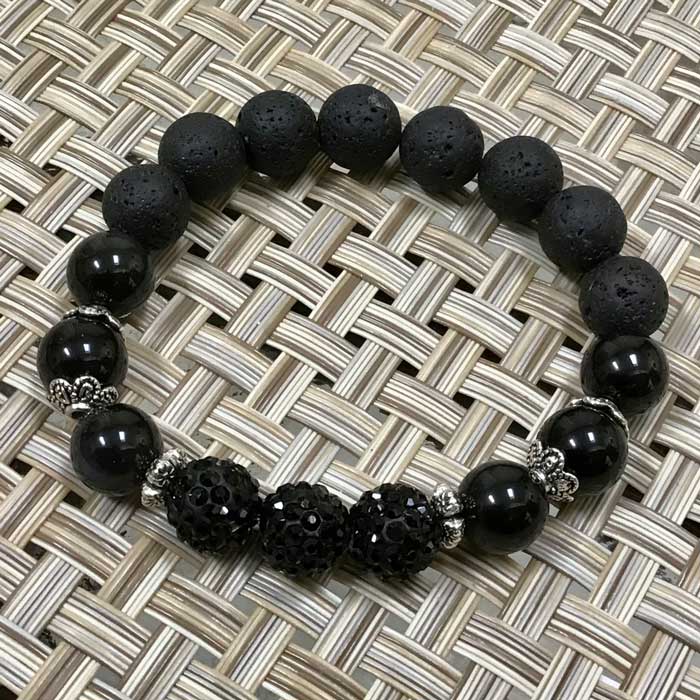 Sparkling Bead Bracelet - Black Sparkle Beads, Black Obsidian, and Black Lava Beads Flex Protection Bracelet - Size 7"