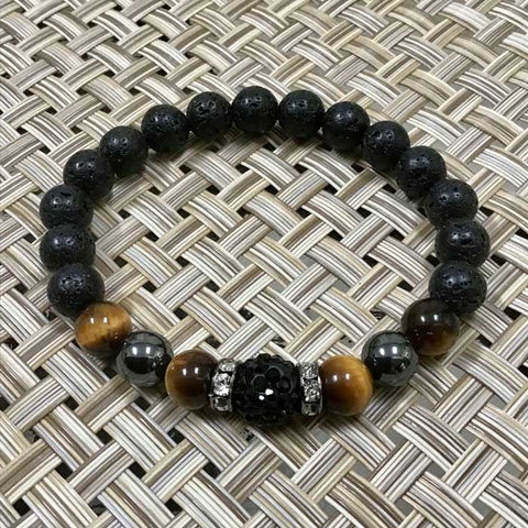 Black Sparkling Pave, Tiger's Eye, Hematite and Black Lava Beads Artisan Flex Bracelet (Size 7)