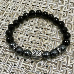 Antique Silver Owl Spirit Animal Flexible Artisan Bracelet - Onyx, and Hematite (Size 7.5")