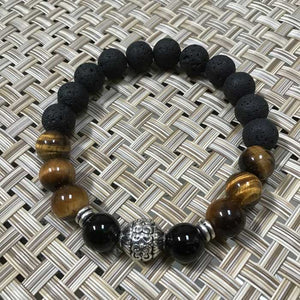 Silver Filigree Ball Tiger's Eye, Onyx and Lava Beads Artisan Protection Bracelet - Size 8"
