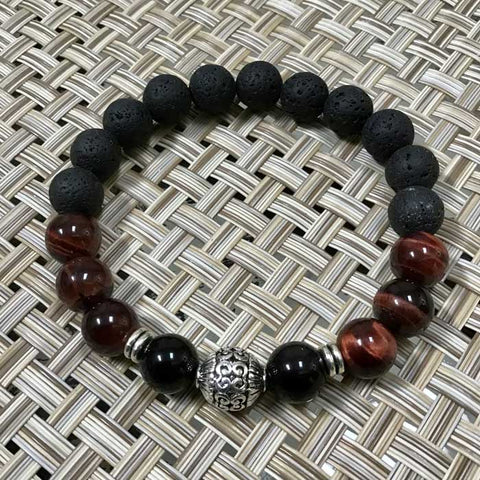 Silver Filigree Ball -  Red Tiger's Eye, Black Obsidian, Lava Beads Protection Stretch Bracelet - Size 8"