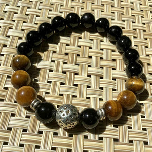 Silver Filigree Ball - Tiger's Eye, and Black Obsidian, Flex Protection Bracelet - Size 8"