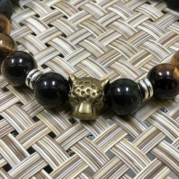 Bronze Leopard Cat Spirit Animal Protection Bracelet- Tiger's Eye, Black Obsidian, Lava Beads - (Size 8")