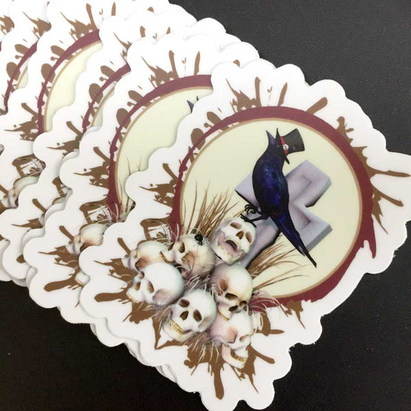 Sir Raven Skully - Raven on a Pile of Skulls Art - 2.32" x 3" Die Cut Sticker