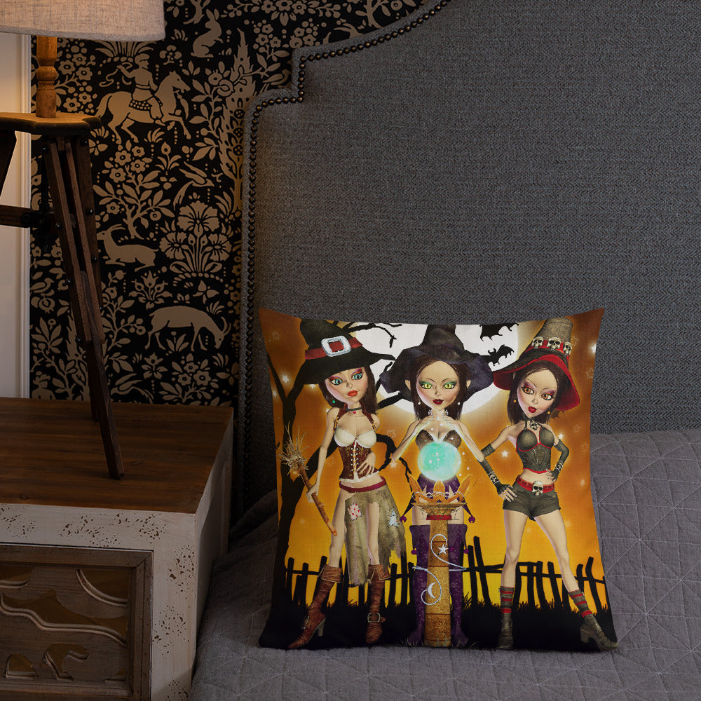 Sisters Three - Witch Art Premium Throw Pillow - by Donna Lisa (18x18)