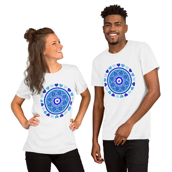Blue Evil Eye and Hearts Graphic T-shirt - Unisex - White