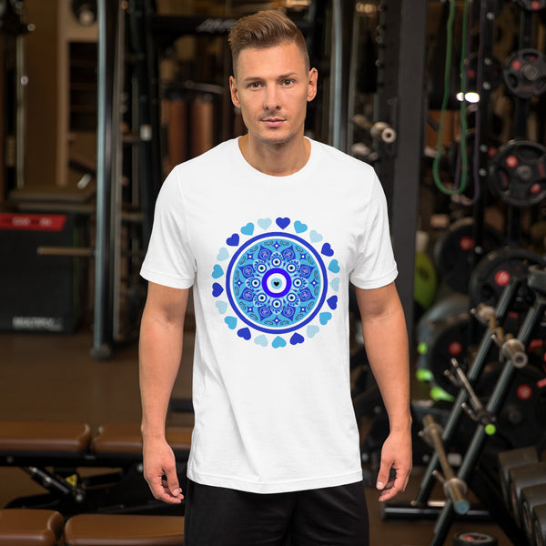 Blue Evil Eye and Hearts Graphic T-shirt - Unisex - White
