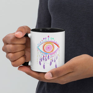 Colorful Evil Eye Dreamcatcher Talisman Ceramic Mug with Color on Handle and Inside