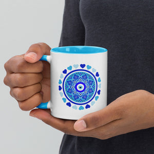 Blue Evil Eye and Hearts Ceramic Mug - Blue Handle and Inside