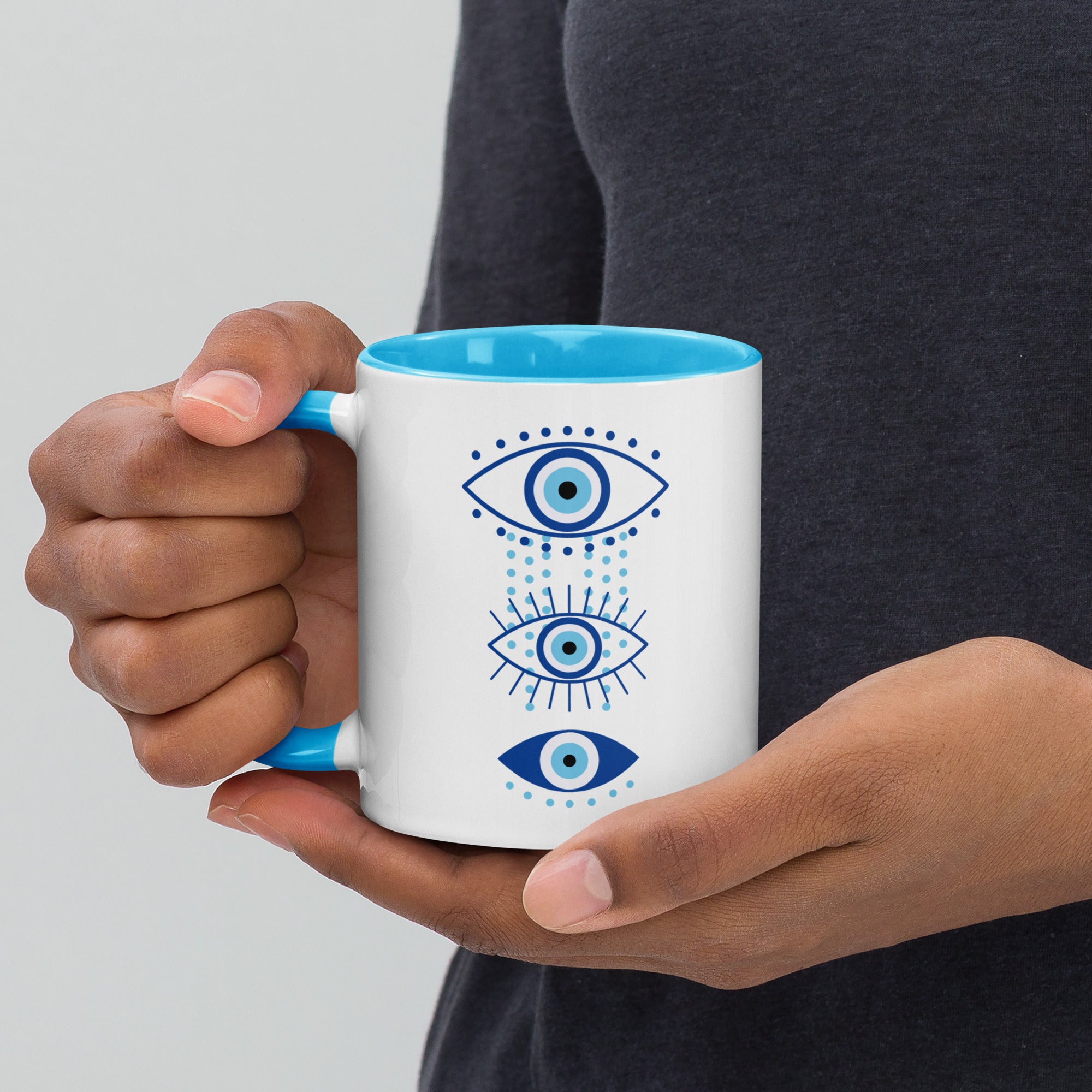 Triple Evil Eye Blue and White Ceramic Mug - Blue Color on Handle and Inside