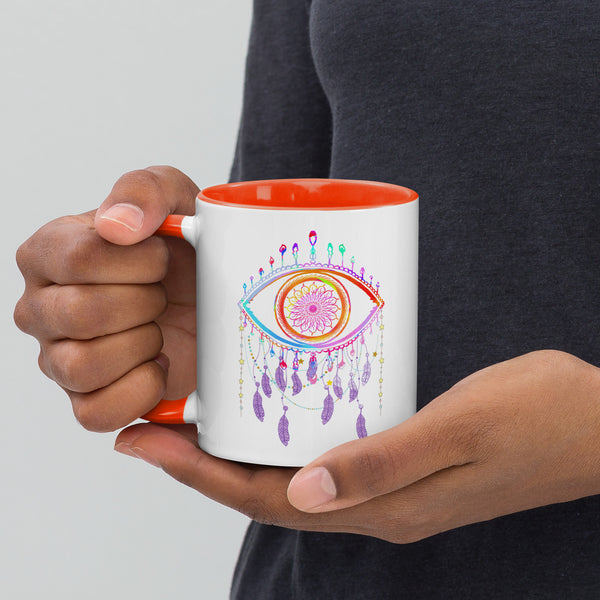 Colorful Evil Eye Dreamcatcher Talisman Ceramic Mug with Color on Handle and Inside