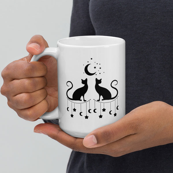Magical Black Cats Silhouettes Moon and Stars White Glossy Ceramic Mug
