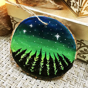 Aurora Borealis Sky Trees-  Hand Painted Wooden Round Ornament by Artist Donna Lisa