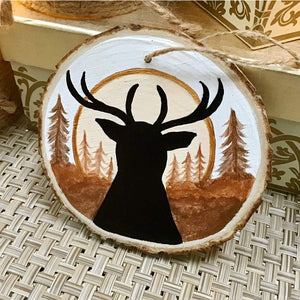 Golden Buck Deer - Hand Painted Wooden Round Ornament by Artist Donna Lisa