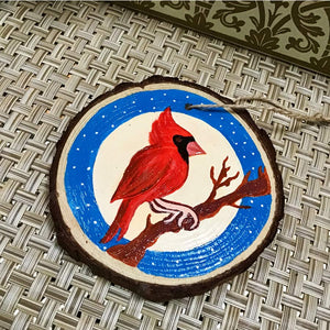 Cardinal Bird - Hand Painted Wooden Round Ornament by Artist Donna Lisa
