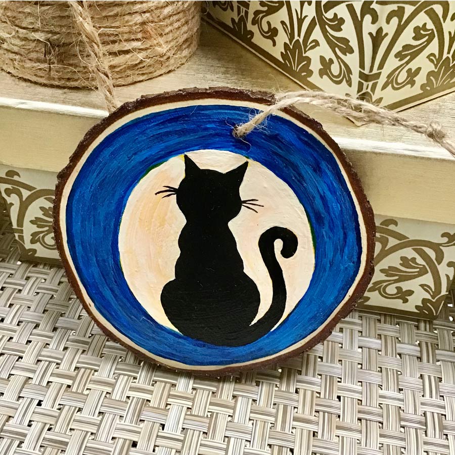Magical Black Cat Silhouette and Sky - Hand Painted Wooden Round Ornament by Artist Donna Lisa