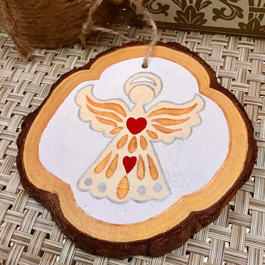 Sparkling Angel - Hand Painted Wooden Round Ornament by Artist Donna Lisa