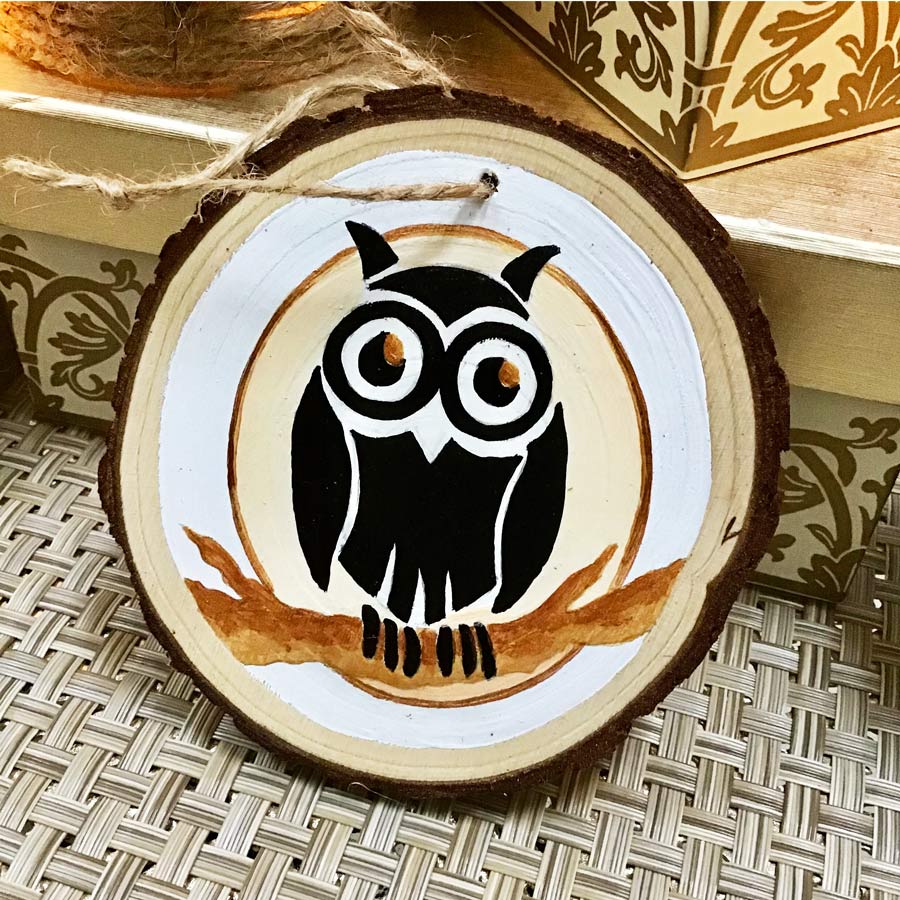 Golden Owl - Hand Painted Wooden Round Ornament by Artist Donna Lisa