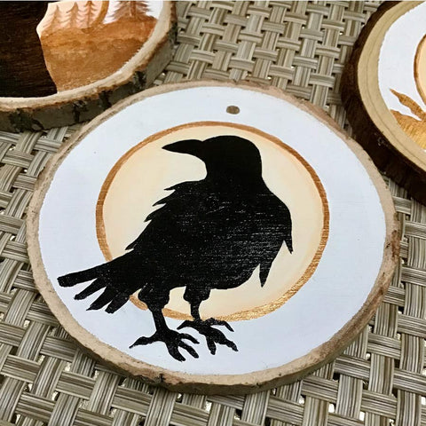 Golden Raven - Hand Painted Wooden Round Ornament by Artist Donna Lisa